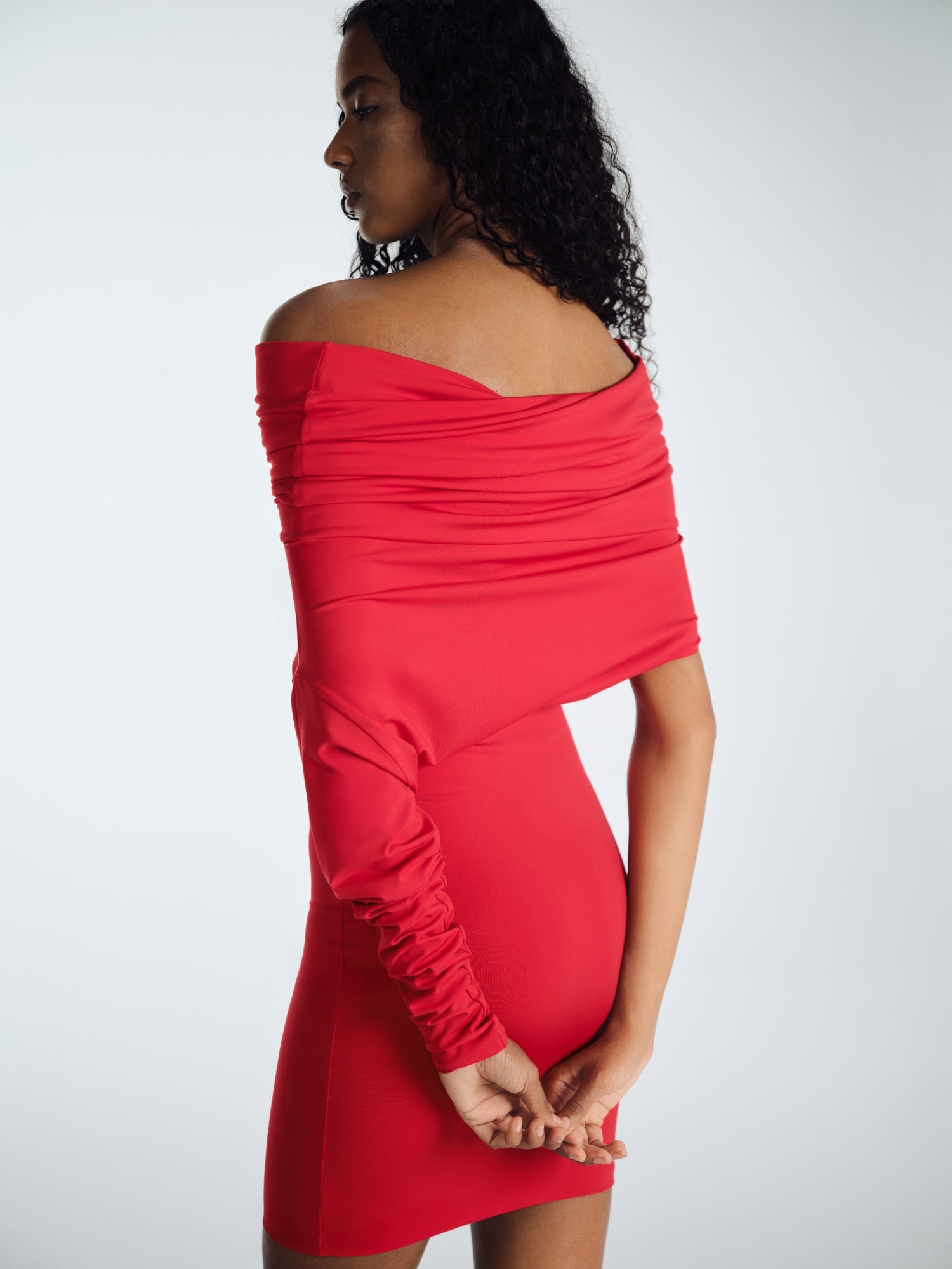 RED MIDI ELBISE WITH COLLAR ONE ARM