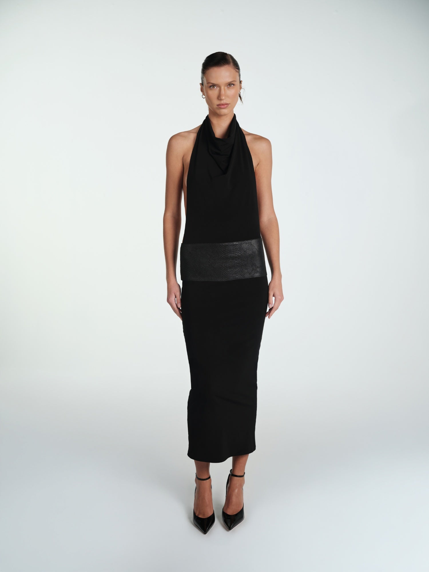 BLACK MIDI ELBISE WITH LEATHER BELT
