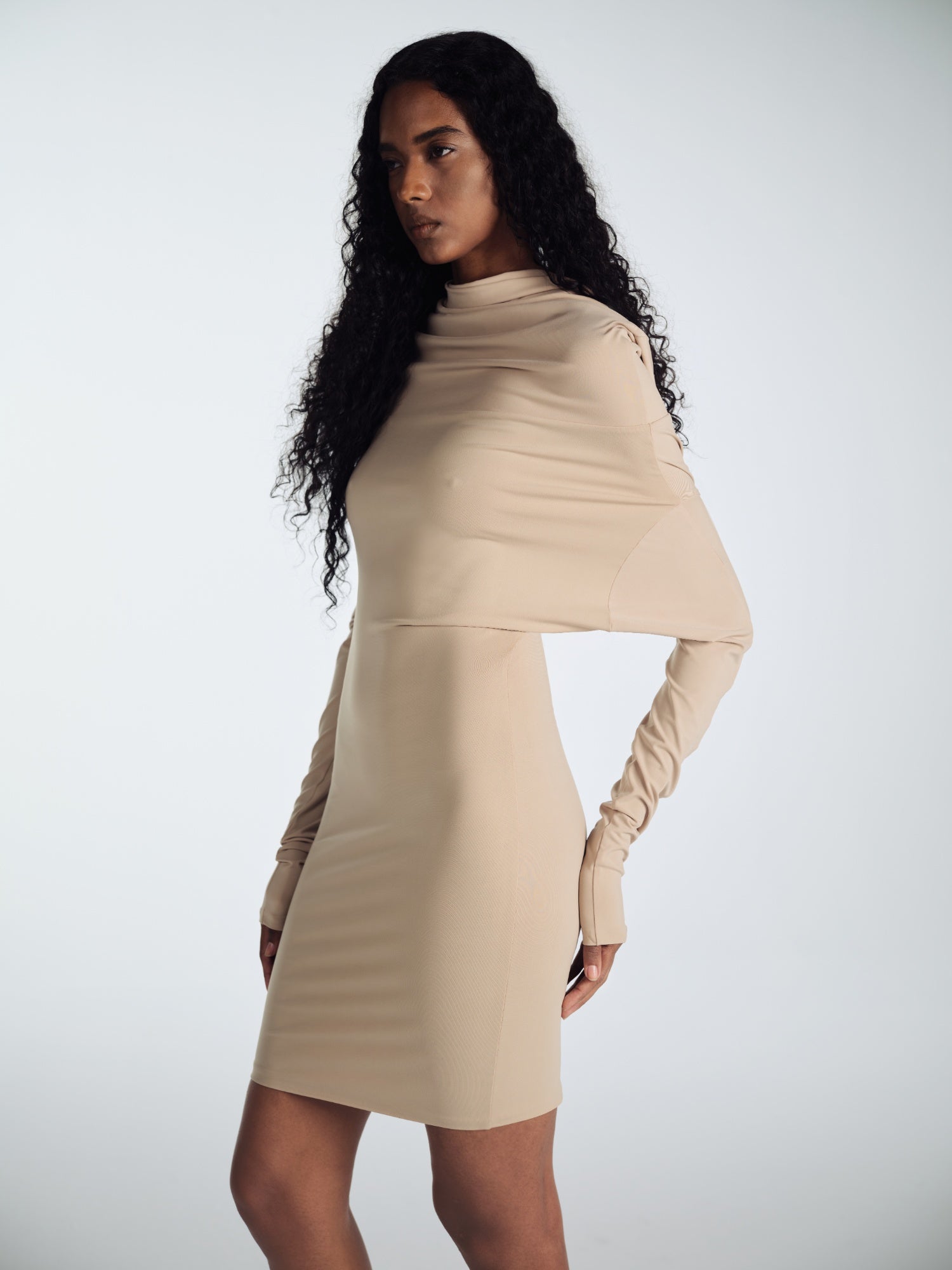 NUDE MIDI ELBISE WITH COLLAR