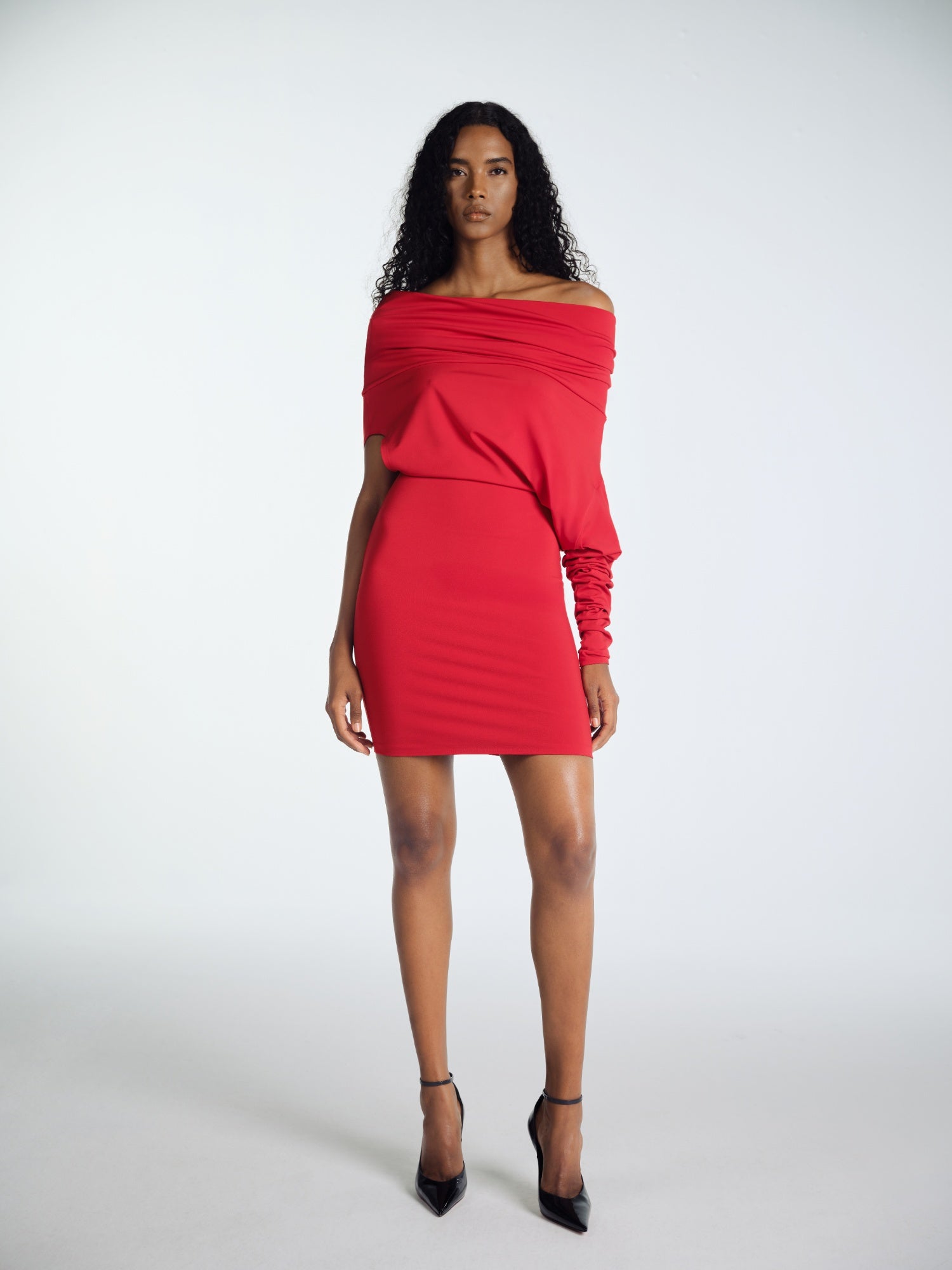 RED MIDI ELBISE WITH COLLAR ONE ARM
