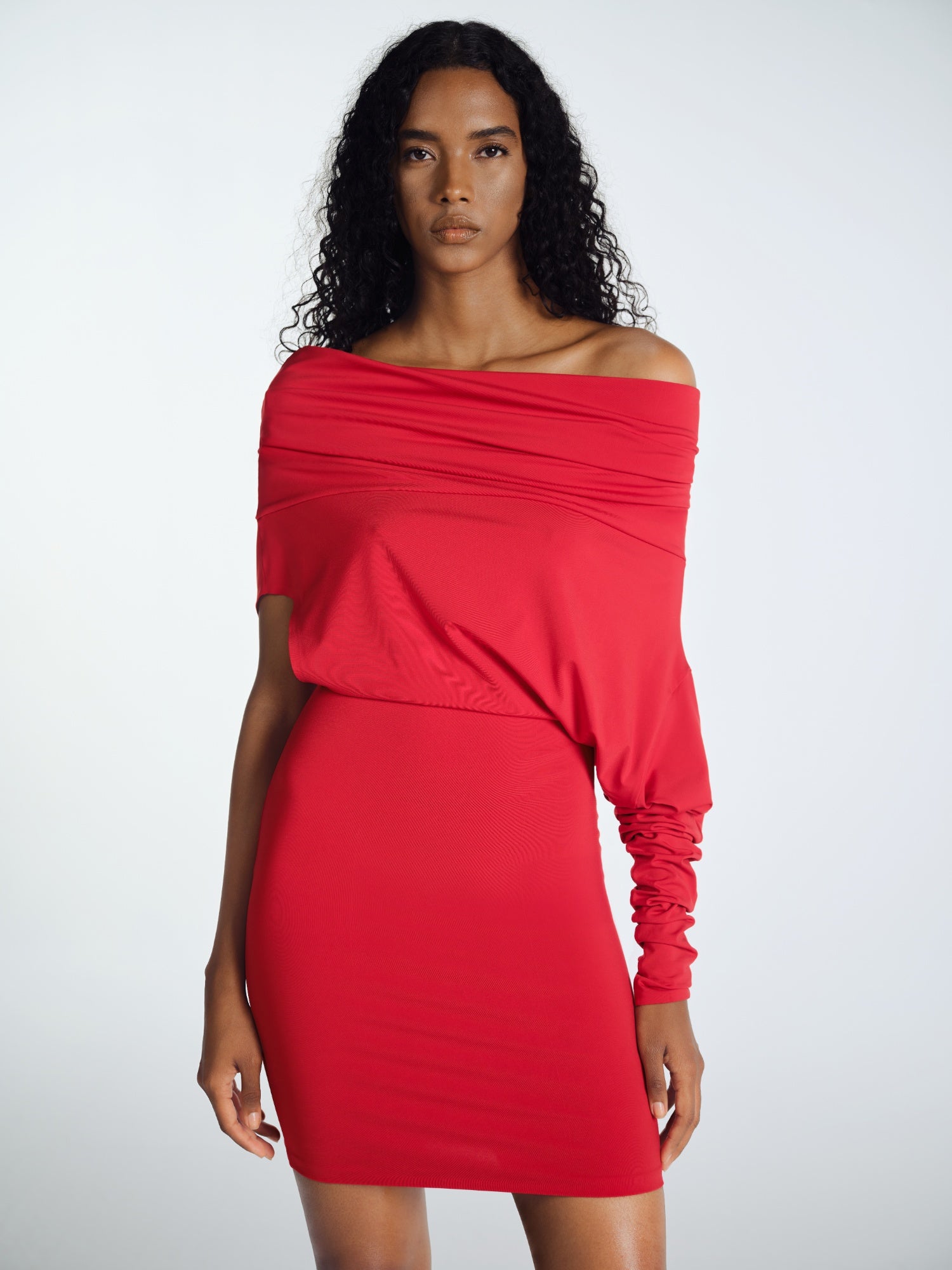 RED MIDI ELBISE WITH COLLAR ONE ARM