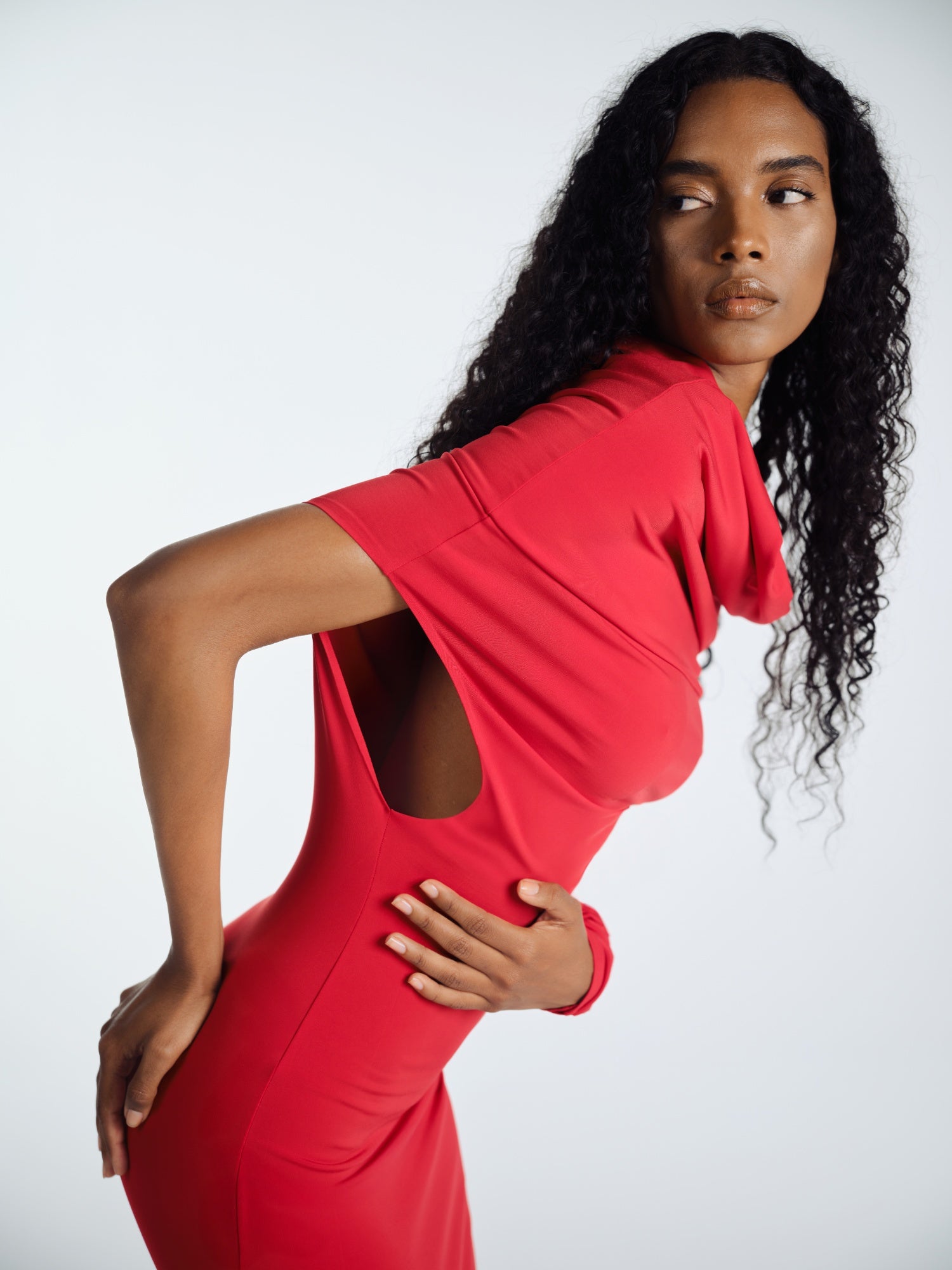RED MIDI ELBISE WITH COLLAR ONE ARM