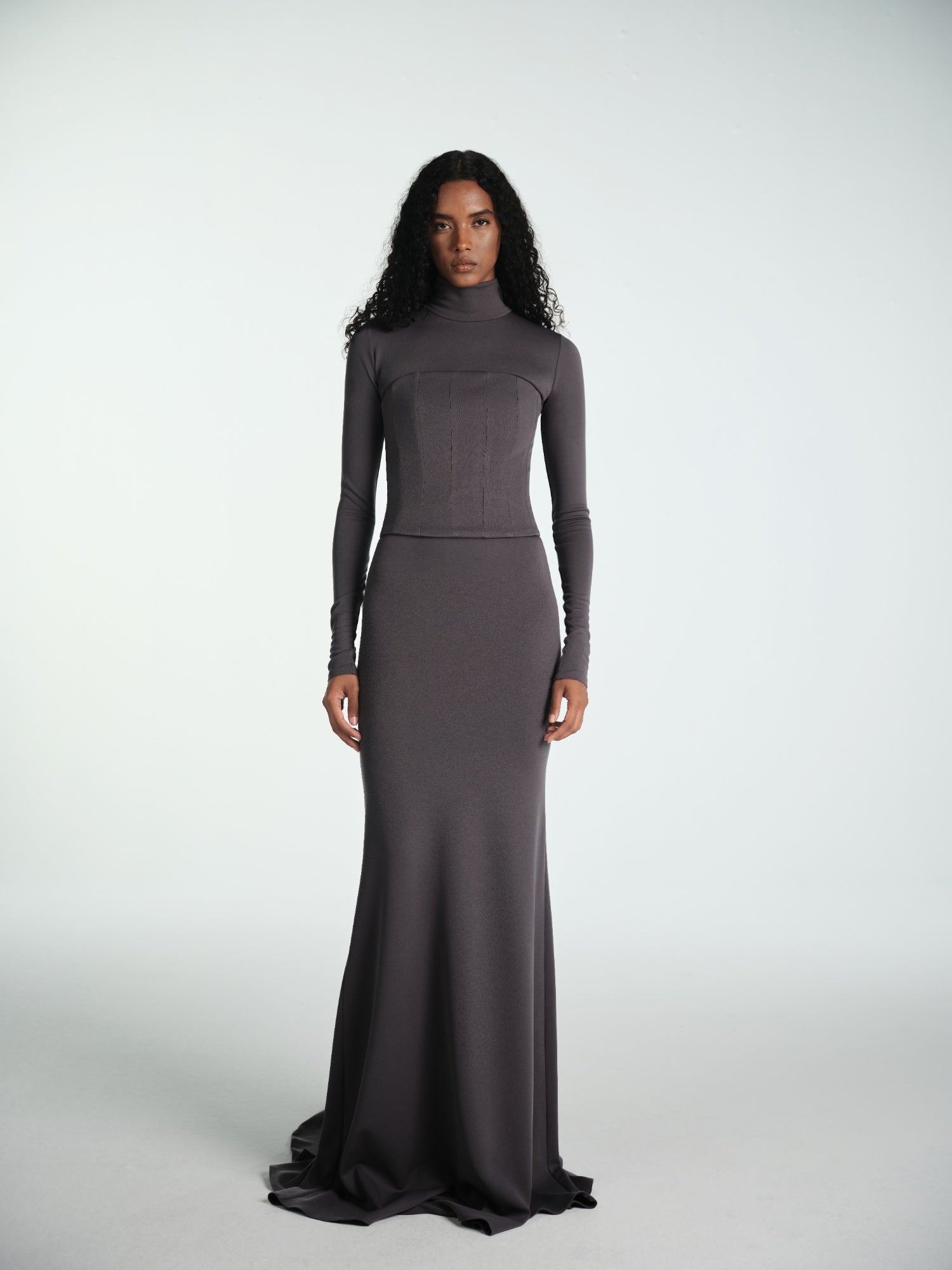GREY MAXI ELBISE WITH VEIL