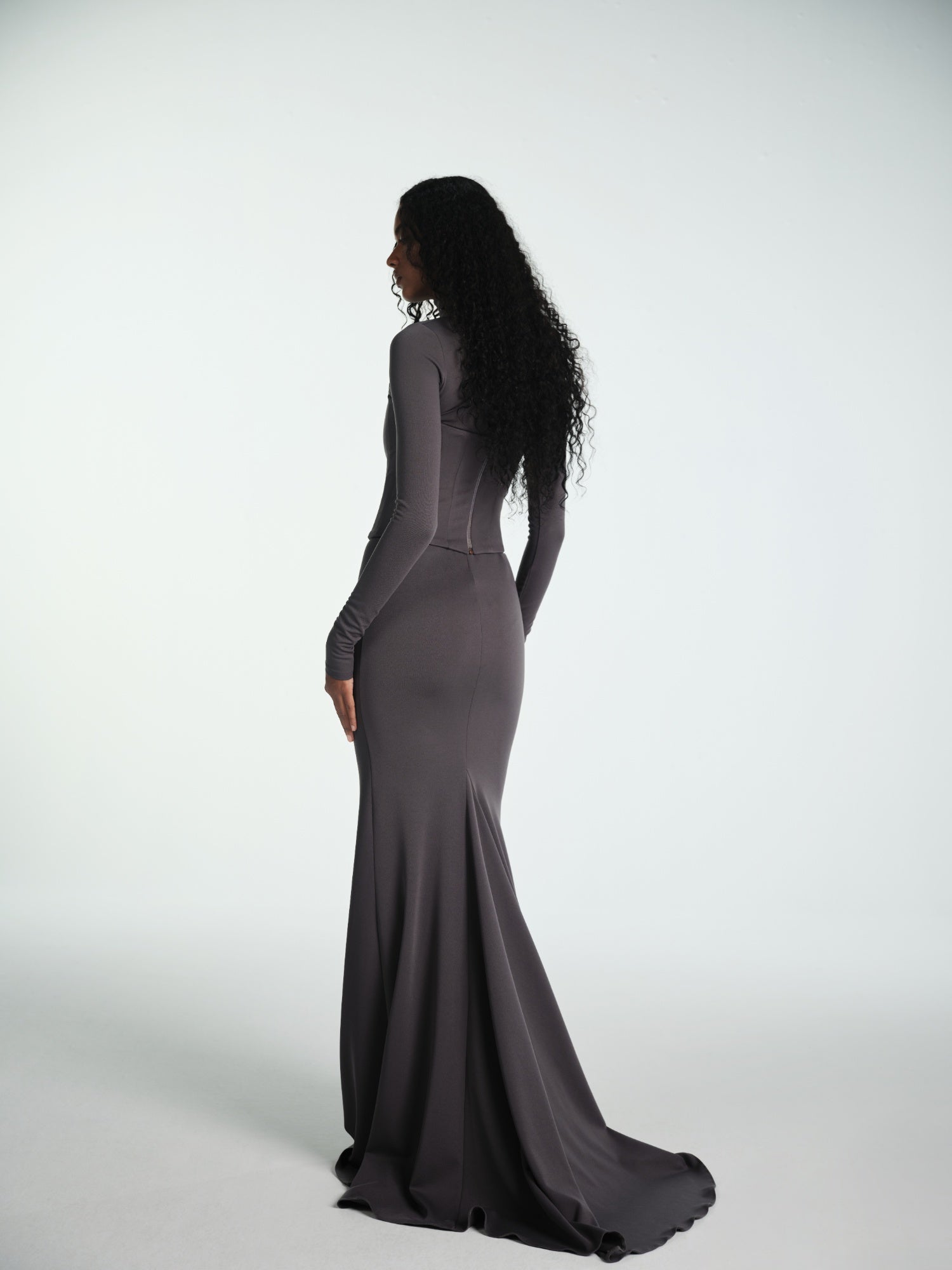 GREY MAXI ELBISE WITH VEIL
